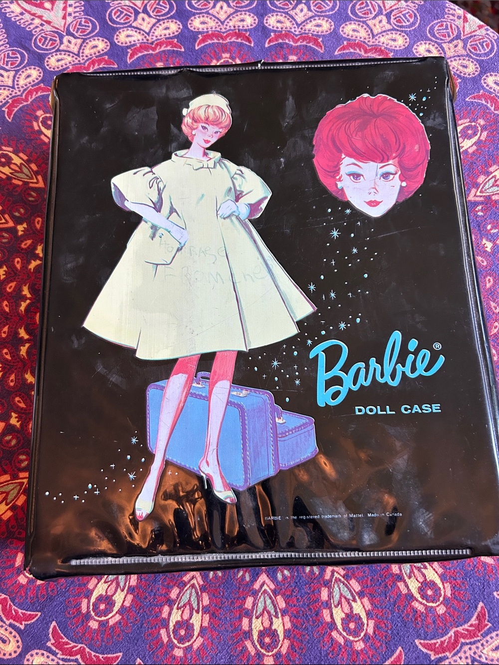 Barbie Black Doll Case with Pink Hair Artwork and Blue Logo with 2 outfits
